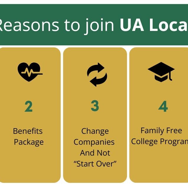 A green and gold graphic featuring different icons that represent each reason to join UA Local 693